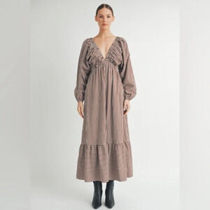 Long Sleeves V-Neck Stripe Midi Dress